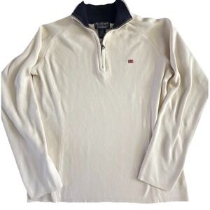 Ralph Lauren Womens Quarter Zip Sweater Cream Ribbed Cotton Size L Preppy Polo